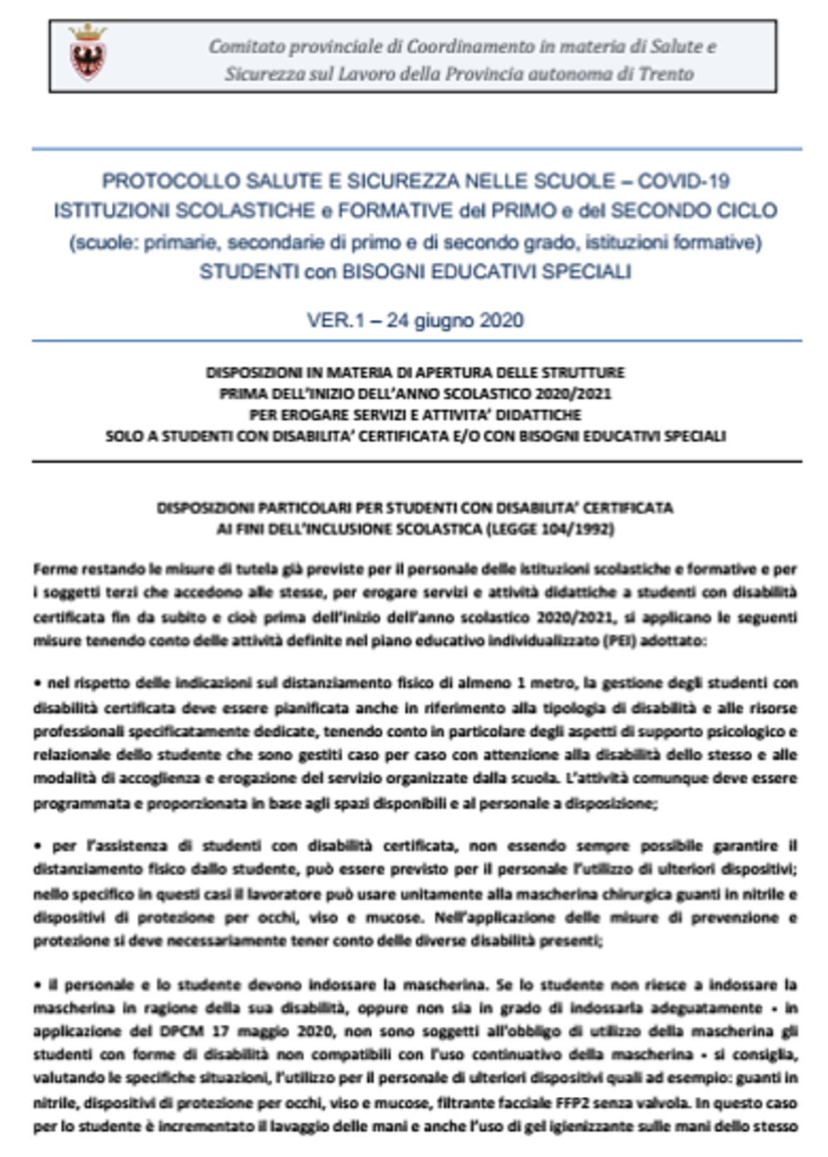 Copertina protocollo scuola BES